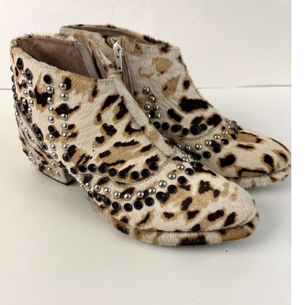 Free‎ People Leopard Calf Hair Studded Rhinestone Ankle Boots EU 38 Boho Western
